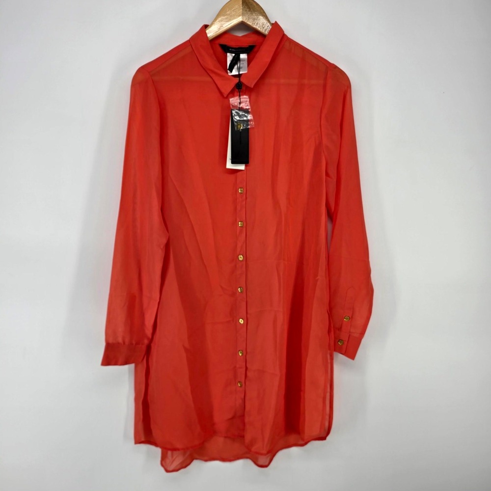BCBGMAXAZRIA Tunic Women M Sorbet Orange Sheer Button Down Long Sleeve BC34448